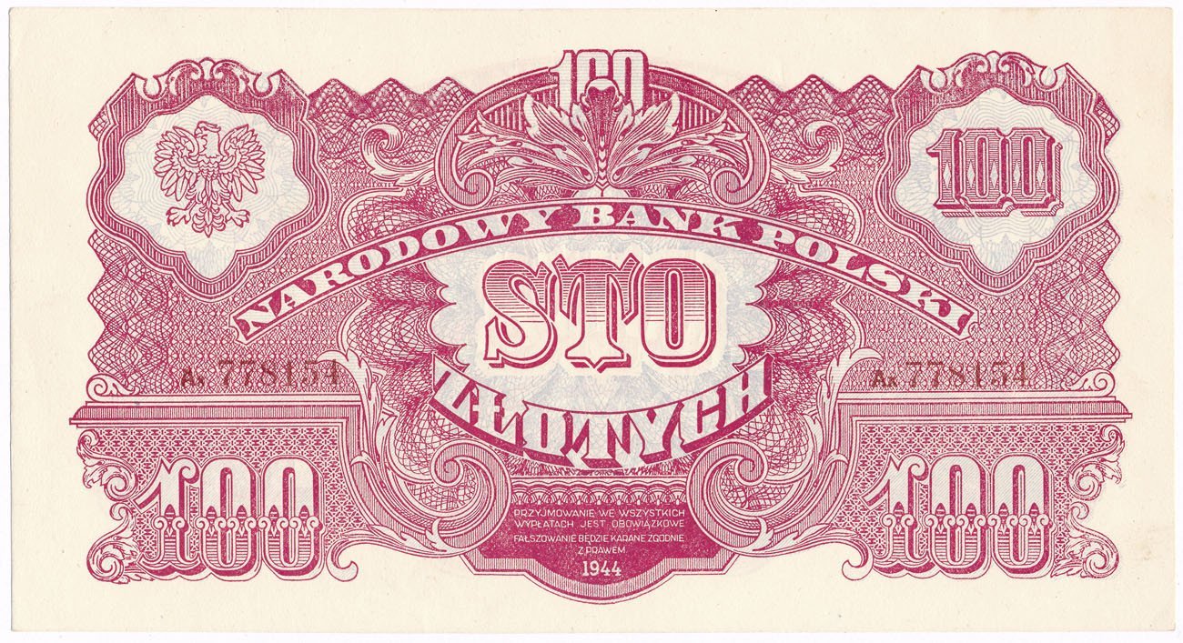 Banknot. 100 zł złotych 1944 seria Ax "OBOWIĄZKOWYM"